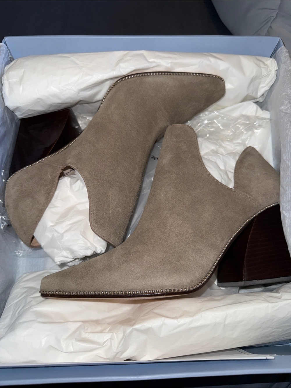 ANTONIO MELANI Taupe Suede Pointed Toe Ankle Boots